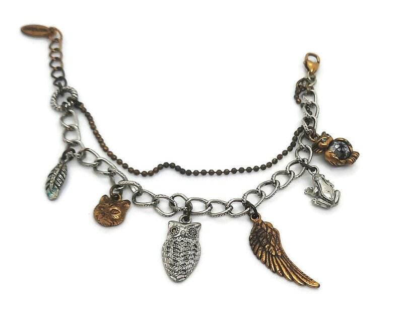 Vintage HULTQUIST Signed Designer Charm Bracelet. Owl, Frog, Feather, Fox Charms