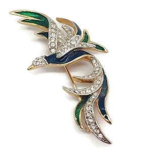 Vintage Attwood & Sawyer: Enamel Crystal  1980&#39;s Phoenix &#39;Bird of Paradise&#39; Designer Brooch Pin