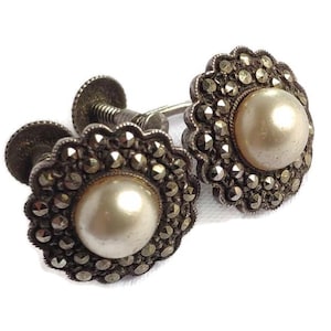 Vintage 925er Silber Faux-Perlen und Markasiten Ohrclips