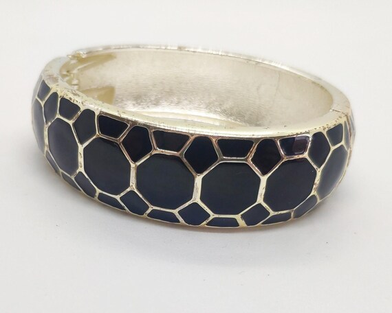 Vintage Black Hexagonal Patterned Silver Toned Ba… - image 3