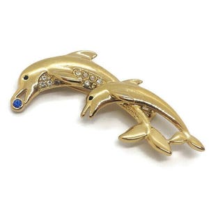 ヴィンテージ BEATRIX JEWELLERY (BJ) 1970年代 ゴールドトーン マザー&チャイルド イルカ ピンブローチ、デザイナーサイン入り