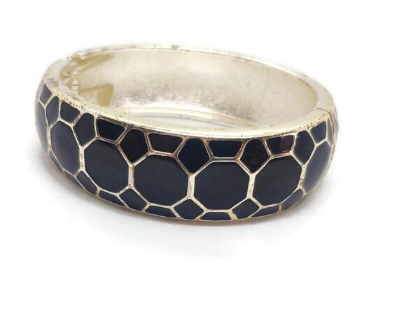 Vintage Black Hexagonal Patterned Silver Toned Ba… - image 2