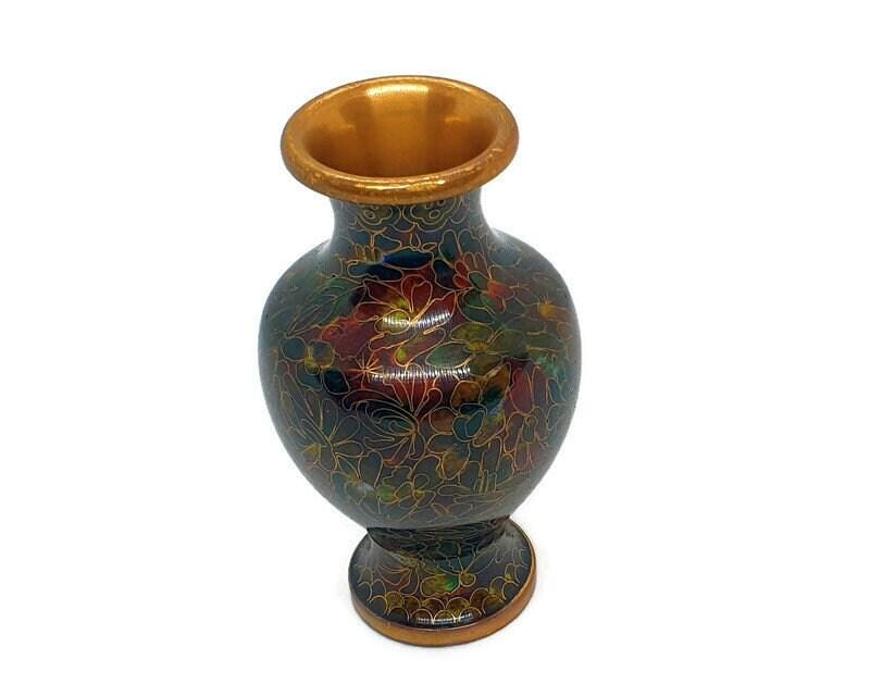 ヴィンテージ中国七宝花芽花瓶 - エナメル真鍮 4