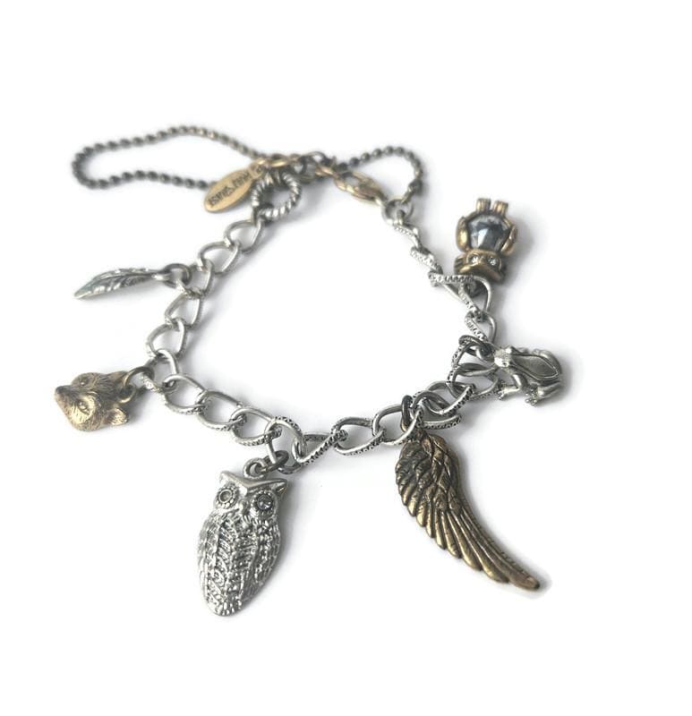 Vintage HULTQUIST Signed Designer Charm Bracelet. Owl, Frog, Feather, Fox Charms