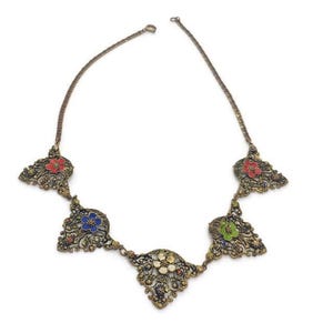 Antique Art Deco Brass Hand-Painted Flower Necklace, 40cm
