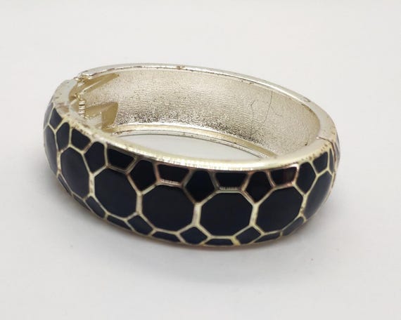 Vintage Black Hexagonal Patterned Silver Toned Ba… - image 5