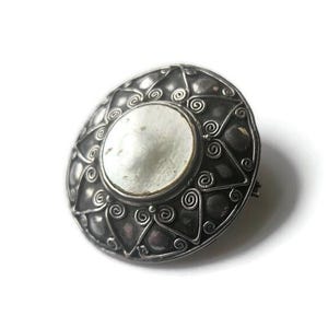 Antique Sterling Silver Victorian Mother of Pearl Etruscan Revival Shield Brooch Pin