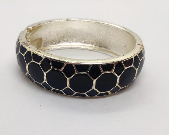 Vintage Black Hexagonal Patterned Silver Toned Ba… - image 6