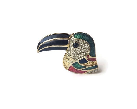 Broche Vintage Toucan En Métal Doré Laqué - Bijou Rétro Coloré à Oxydes