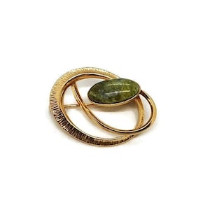 Vintage West Germany Grüner Edelstein Cabochon Abstrakt Brosche Pin, Gold Ton