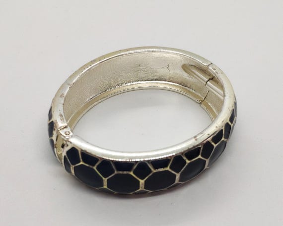 Vintage Black Hexagonal Patterned Silver Toned Ba… - image 8