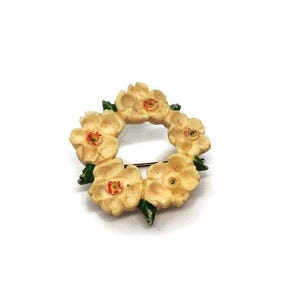 Vintage Early Plastic Celluloid Floral Round Flower Wreath Brooch Pin