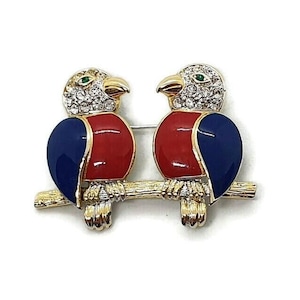 Vintage Enamel & Crystal 'Talking Parrots on a Branch' Bird Brooch Pin