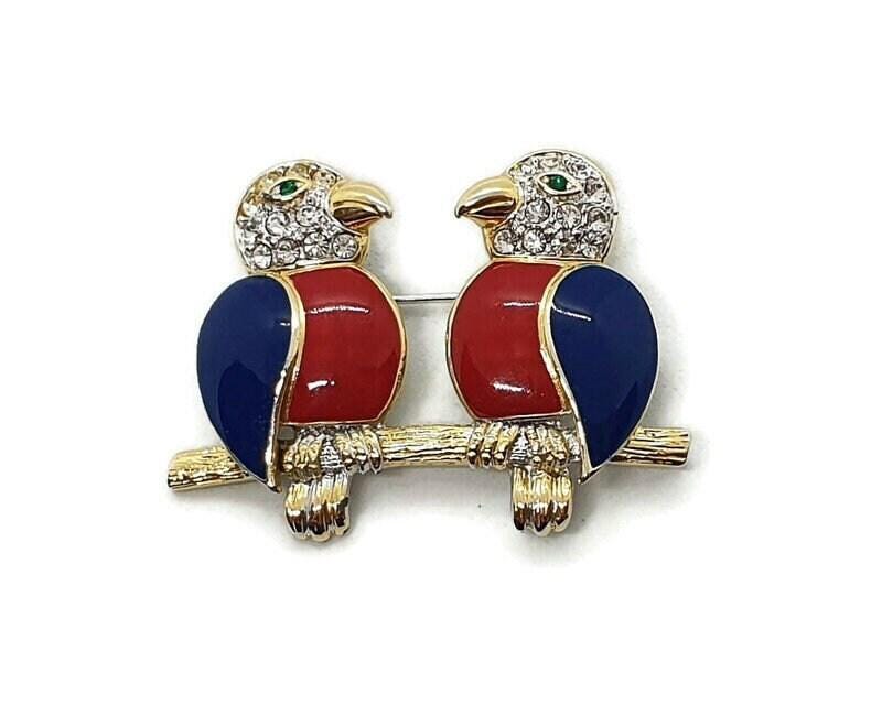 Vintage Hand-Painted Enamel Parrot Brooch – Crystal Bird Brooch Pin For Women, Gift For Her, Red Design