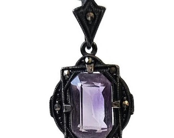 Art Deco Sterling Silver, Marcasite & Purple Amethyst Antique Gemstone Pendant
