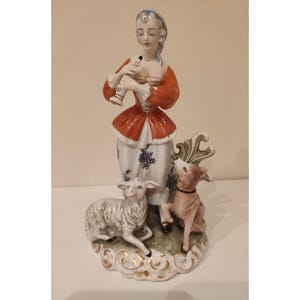 Vintage HH Kunst Dresden Art Porcelain Figurine: Shepherdess, Sheep & Sheepdog (1950s)