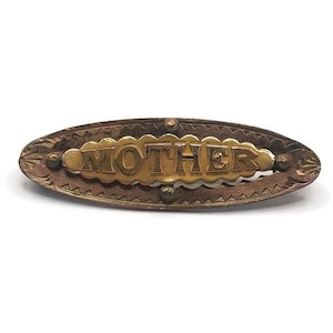Antique RB Edwardian Pinchbeck & 9ct Rose Gold Fronted Aesthetic Movement WWI 'MOTHER' Sweetheart Bar Brooch. Patinaed