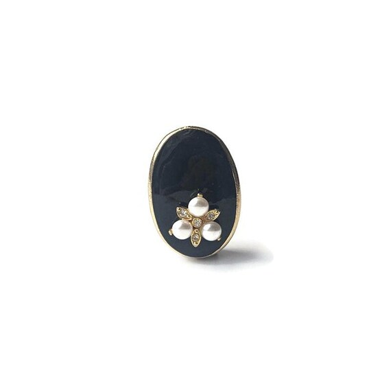 Vintage FLORIDAN Black Enamel Flower Brooch: Diamante & Faux  display picture 2