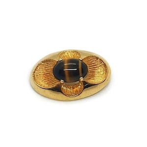 Vintage 1980s Tiger&#39;s Eye Glass Gold Tone Brooch Pin