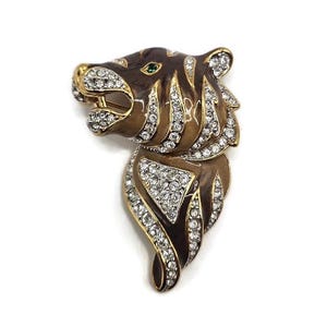 Vintage Attwood & Sawyer, Signed 22ct Gold Enamelled Swarovski Crystal &#39;Tigers Head&#39; Brooch Pin. RARE