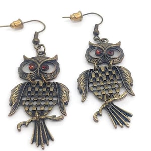 Vintage Owl Dangle Earrings, Rhinestone Detail Eyes