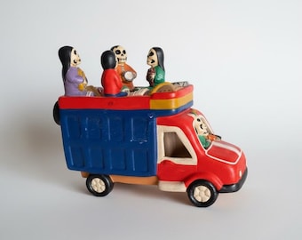 Vintage Dia de los Muertos Calavera familjelastbil lera folkkonst skulptur handgjord keramik
