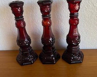 Avon Cape Cod Vintage  1876 Collection Ruby Red Glass Candle Stick - Set of 3