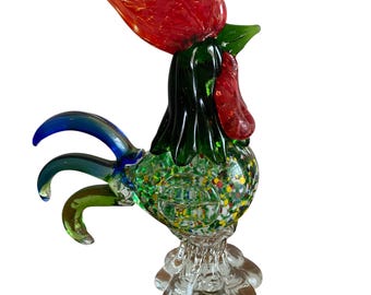 Vintage  Murano  Style Art Glass Rooster Figurine - Hand Blown
