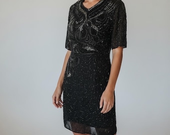 Silky Nites New York Vintage Black Silk Beaded Dress Sz XS