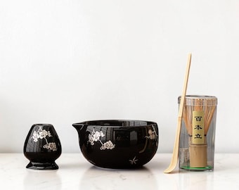 Black Zen Matcha Set, Handmade Ceramic Chawan with Silver Plum Design, Bamboo Whisk & Holder, Japanese Tea Ceremony Kit