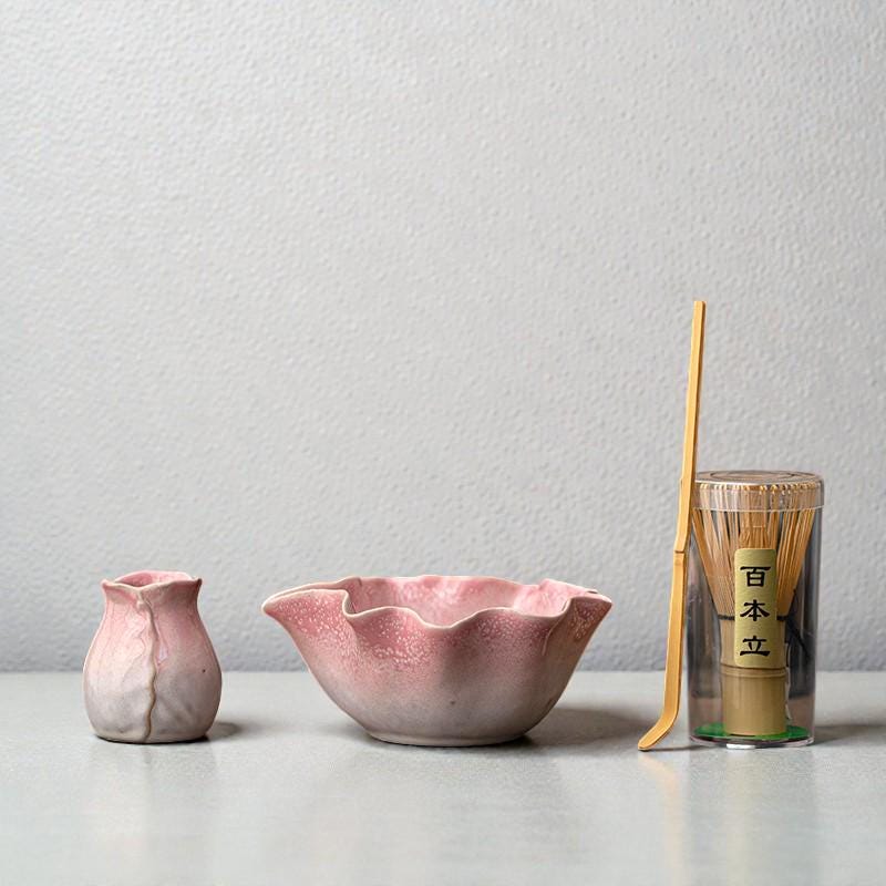 Handmade Petal-Rim Matcha Bowl Set, Sakura Gradient Ceramic Chawan, 4-Piece or 8-Piece Tea Ceremony Set