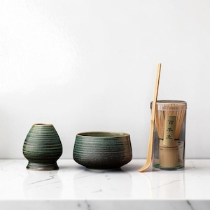 Traditional Japanese Matcha Set, Handmade Matcha Bowl Ceremony Kit, Matcha Whisk and Spoon Set, Threaded Ceramic Matcha Bowl
