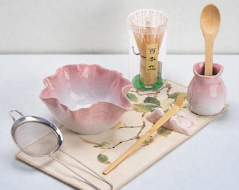 Handgefertigtes Petal-Rim Matcha Schalen Set, Sakura Keramik Chawan, 4-teiliges oder 8-teiliges Teezeremonie Set