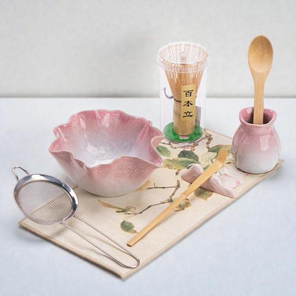 Handgjort Matcha-skålset med kronbladskant, Sakura Gradient Keramik Chawan, 4- eller 8-delat teceremoniset