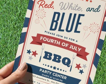 Op de afbeelding: Een uitnodiging voor een 4 juli BBQ-feest in rood, wit en blauw. De uitnodiging bevat de tekst "Red, White, and Blue" en "Fourth of July BBQ". Het feest begint om 14:00 uur.