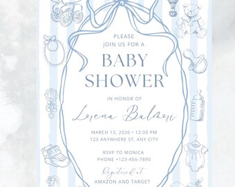 Blue Vintage Baby Shower Invitation: Watercolor Stripes (Instant Download, Editable in Canva)