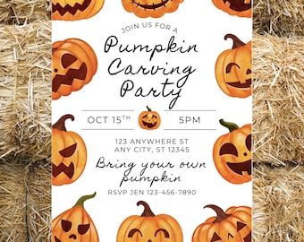 May include: A Halloween-themed invitation with orange watercolor pumpkins and the text "Pumpkin Carving Party." The invitation includes the date, time, and location: October 15th at 5 PM, 123 Anywhere St, Any City, ST 12345. RSVP Jen.