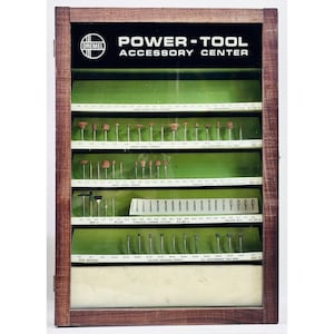 Vintage Dremel Store Display Case Wood Cabinet Accessory Center 41pc 1960s