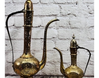 Vintage Brass Turkish Coffee Pot Teapot Set Engraved India 16" & 8.5" Inch