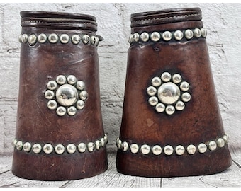 Antique Tooled Leather Cowboy Cuffs Protective Gauntlets Nickel Studded Pair