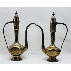 Vintage Brass Middle Eastern Dallah Coffee Pots Set 13" Engraved India
