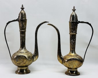 Vintage Brass Middle Eastern Dallah Coffee Pots Set 13" Engraved India