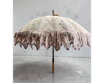 Antique Battenberg Lace Parasol Victorian Edwardian 30 Inch Wood Handle Pom Poms