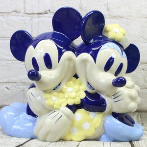 Walt Disney Blue Cookies Ceramic Cookie Jar Mickey & Minnie Mouse Flowers