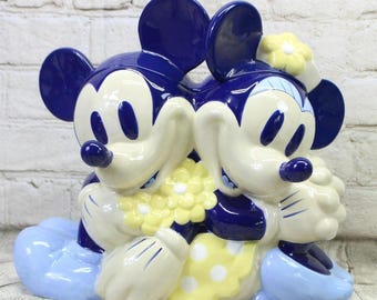 Walt Disney Blue Cookies Ceramic Cookie Jar Mickey & Minnie Mouse Flowers