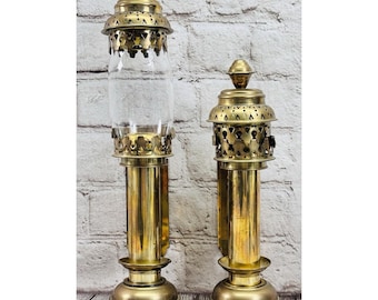 Vintage Brass Railway Train Carriage Wall Sconces Set of 2 13" Glass Chimney