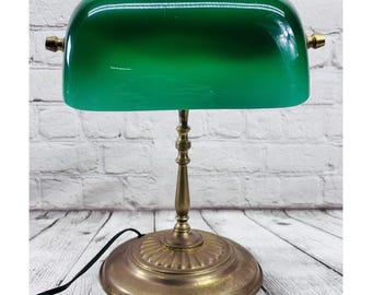 Vintage Green Glass Bankers Lamp Emerald Cased Shade Brass Desk Light 13"