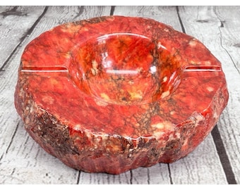 Vintage Italian Alabaster Ashtray Red Marble Hand Carved 6 Inch Heavy