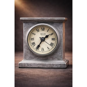 May include: A square, gray-toned clock with a cream-colored face and black Roman numerals. The clock face reads "NICOLSON SHEFFIELD". The clock has black hands and a square base. The clock is made of a stone-like material.