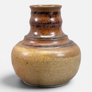 May include: A handcrafted ceramic vase with a rounded body and a narrow neck. The vase features a speckled, earthy color palette of browns and tans, with darker brown bands around the neck. The textured surface adds to its rustic charm.